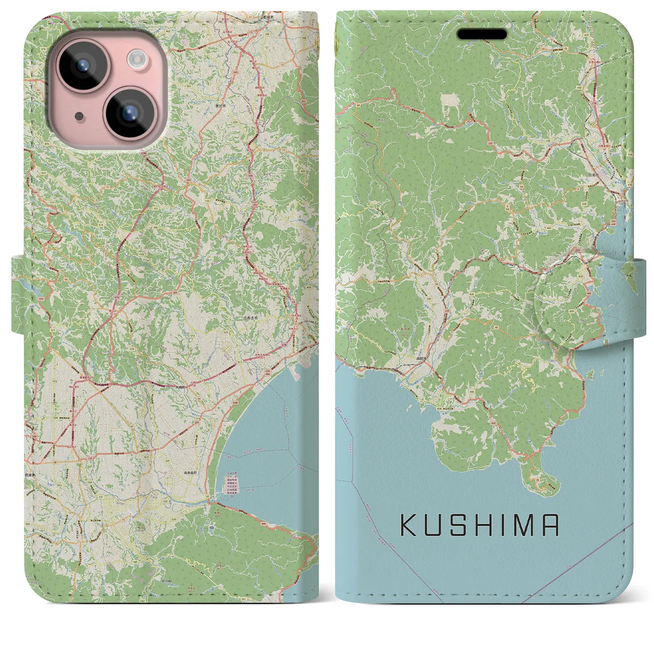 【串間(宮崎県)】地図柄iPhoneケース(手帳タイプ)ナチュラル・iPhone 15 Plus 用