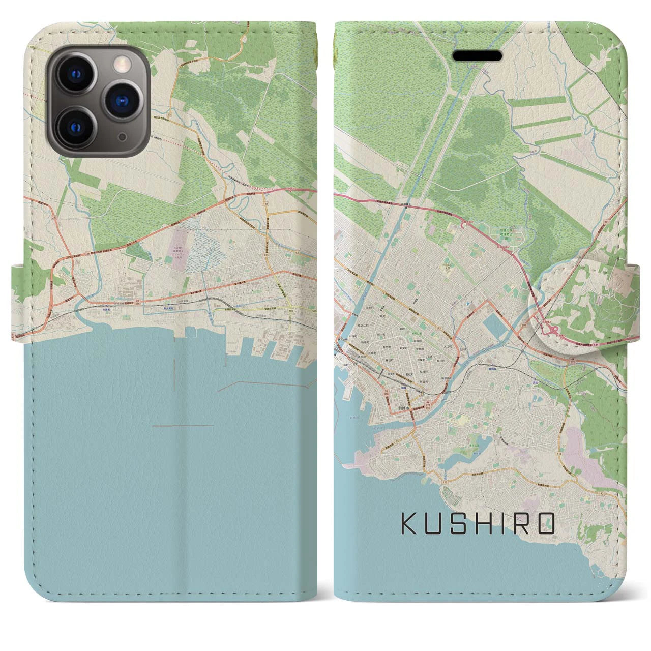 【釧路(北海道)】地図柄iPhoneケース(手帳タイプ)ナチュラル・iPhone 11 Pro Max 用