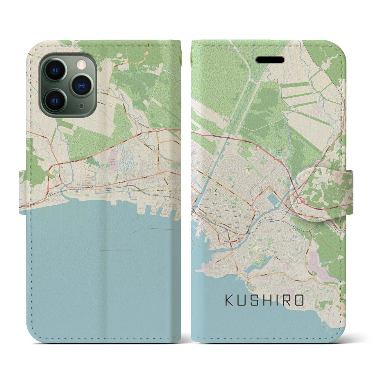 【釧路(北海道)】地図柄iPhoneケース(手帳タイプ)ナチュラル・iPhone 11 Pro 用