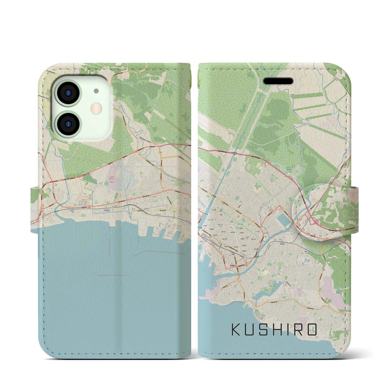 【釧路(北海道)】地図柄iPhoneケース(手帳タイプ)ナチュラル・iPhone 12 mini 用