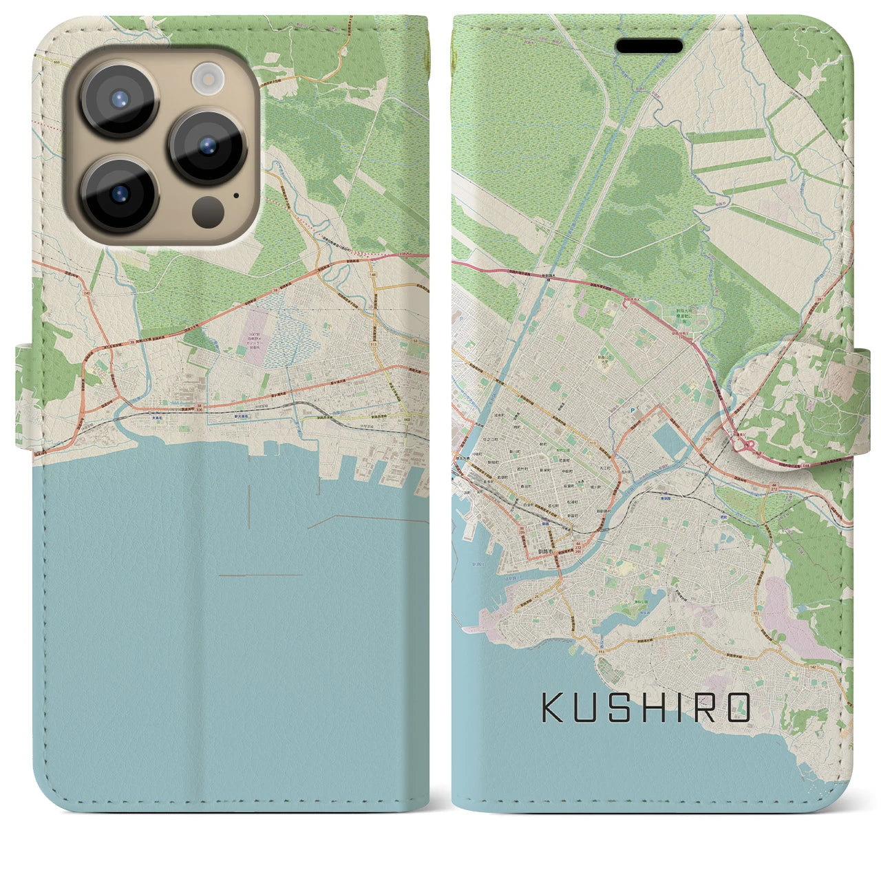 【釧路(北海道)】地図柄iPhoneケース(手帳タイプ)ナチュラル・iPhone 14 Pro Max 用
