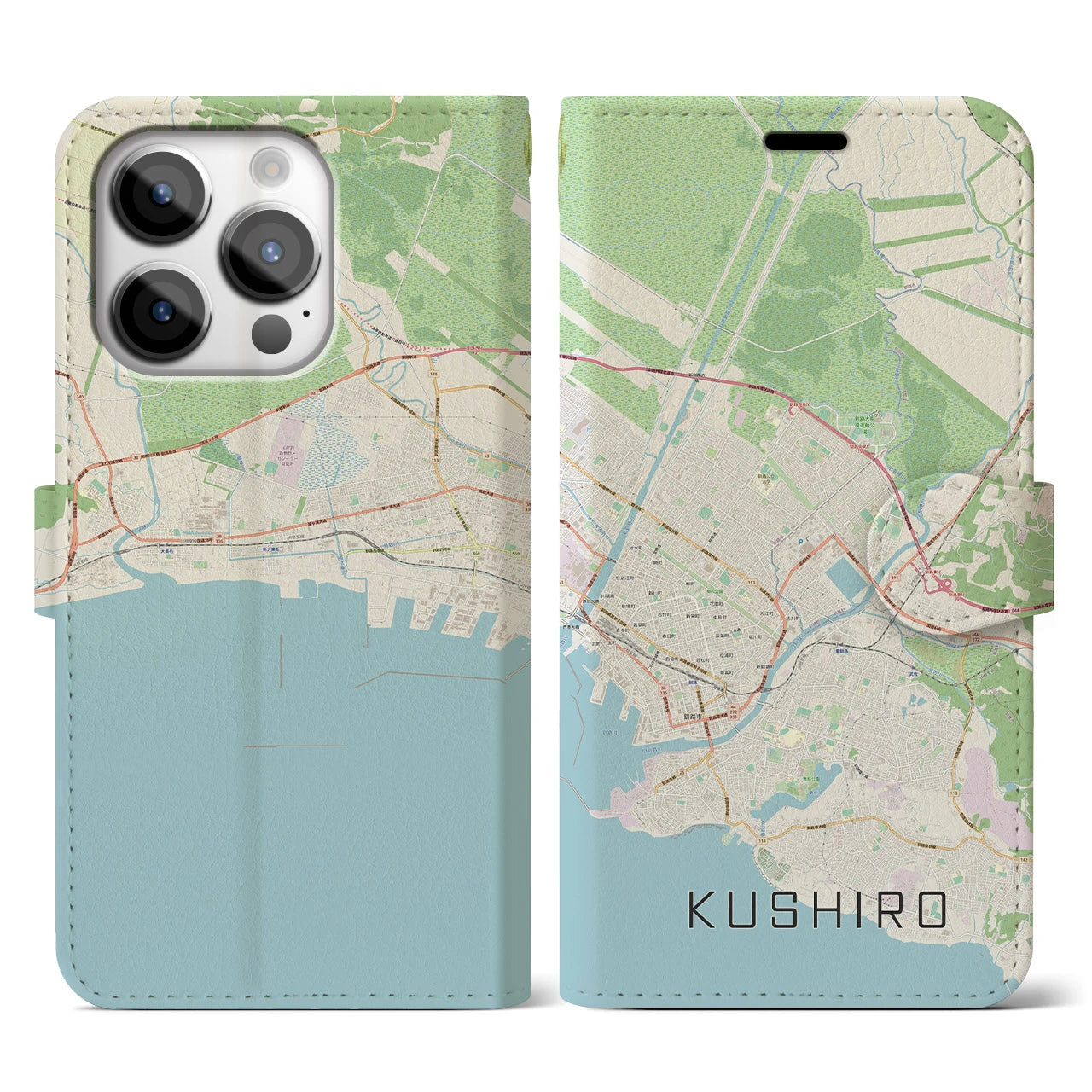【釧路(北海道)】地図柄iPhoneケース(手帳タイプ)ナチュラル・iPhone 14 Pro 用