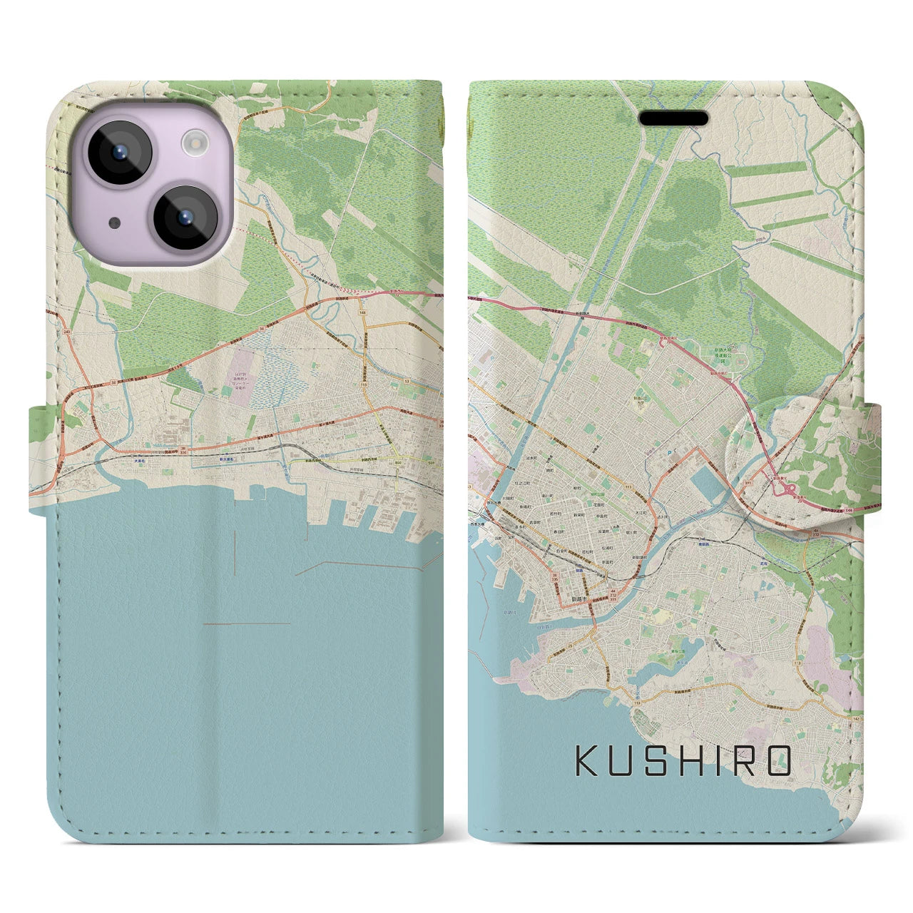【釧路(北海道)】地図柄iPhoneケース(手帳タイプ)ナチュラル・iPhone 14 用