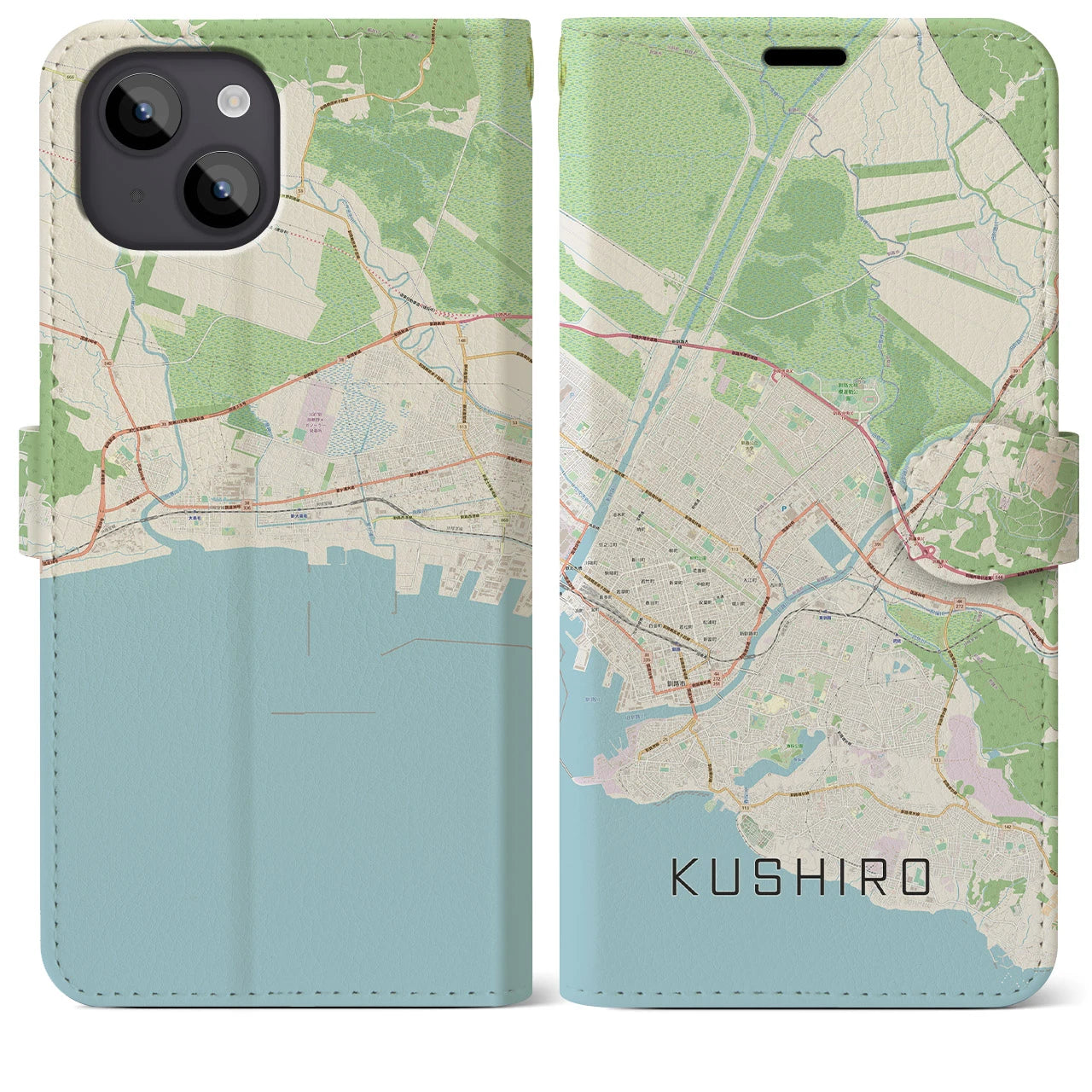 【釧路(北海道)】地図柄iPhoneケース(手帳タイプ)ナチュラル・iPhone 14 Plus 用