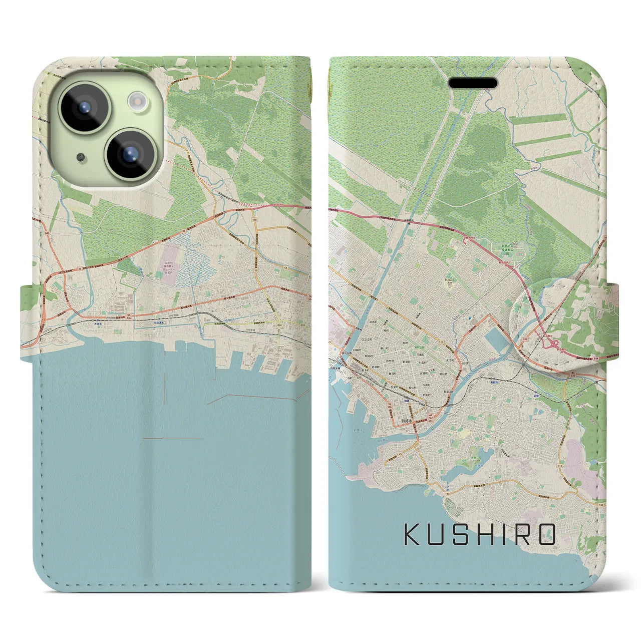 【釧路(北海道)】地図柄iPhoneケース(手帳タイプ)ナチュラル・iPhone 15 用