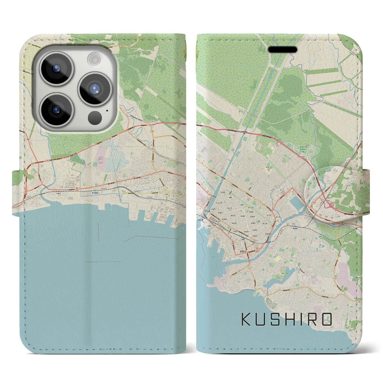 【釧路(北海道)】地図柄iPhoneケース(手帳タイプ)ナチュラル・iPhone 15 Pro 用