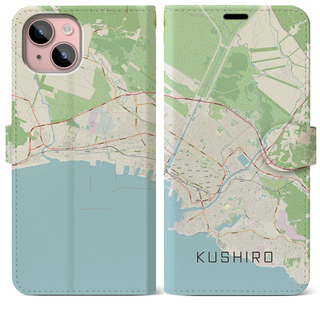 【釧路(北海道)】地図柄iPhoneケース(手帳タイプ)ナチュラル・iPhone 15 Plus 用