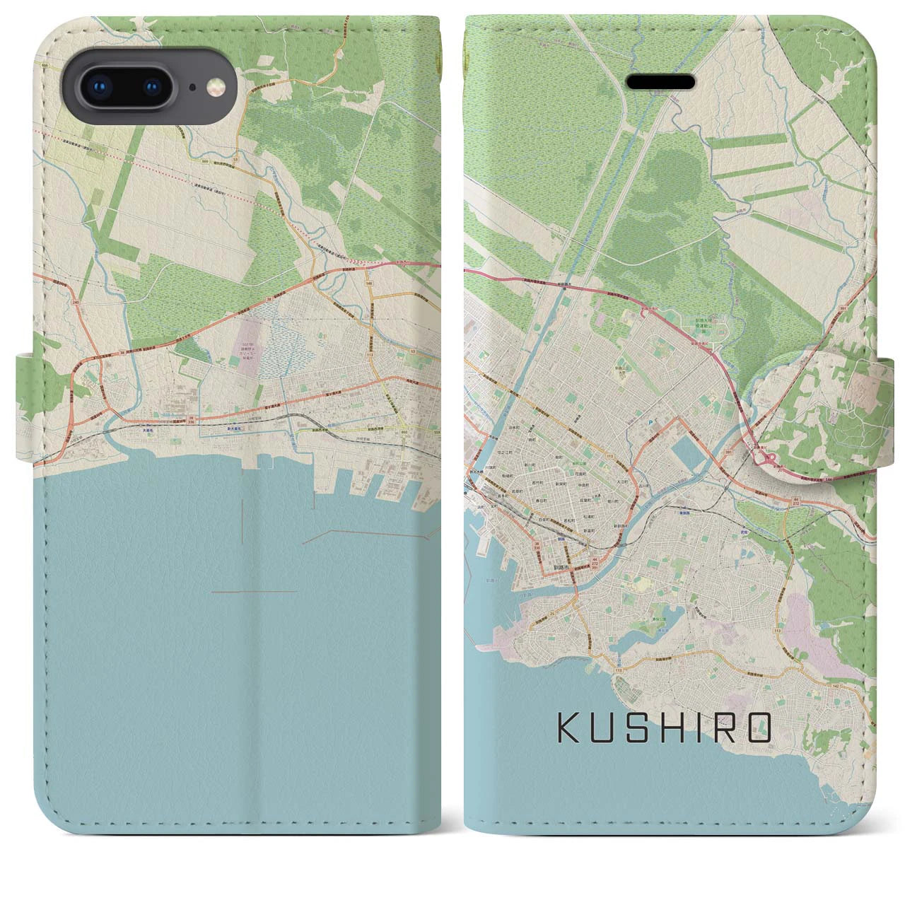 【釧路(北海道)】地図柄iPhoneケース(手帳タイプ)ナチュラル・iPhone 8Plus /7Plus / 6sPlus / 6Plus 用