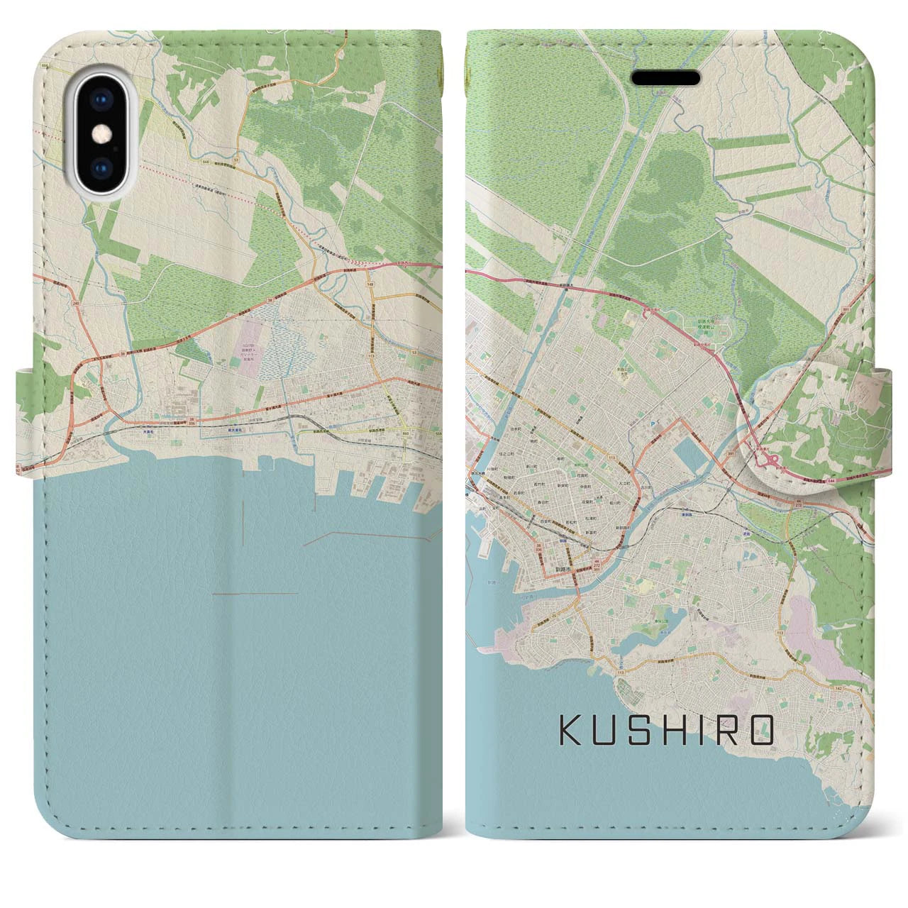 【釧路(北海道)】地図柄iPhoneケース(手帳タイプ)ナチュラル・iPhone XS Max 用
