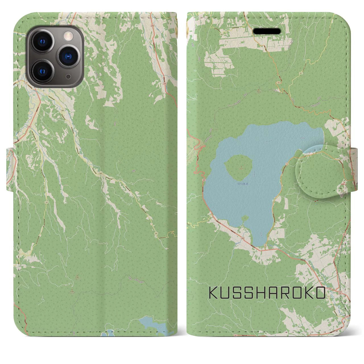 【屈斜路湖(北海道)】地図柄iPhoneケース(手帳タイプ)ナチュラル・iPhone 11 Pro Max 用