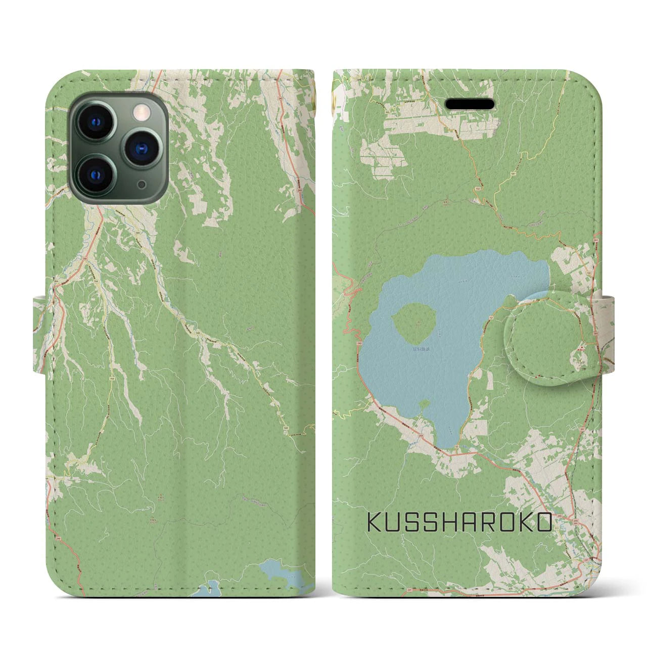 【屈斜路湖(北海道)】地図柄iPhoneケース(手帳タイプ)ナチュラル・iPhone 11 Pro 用