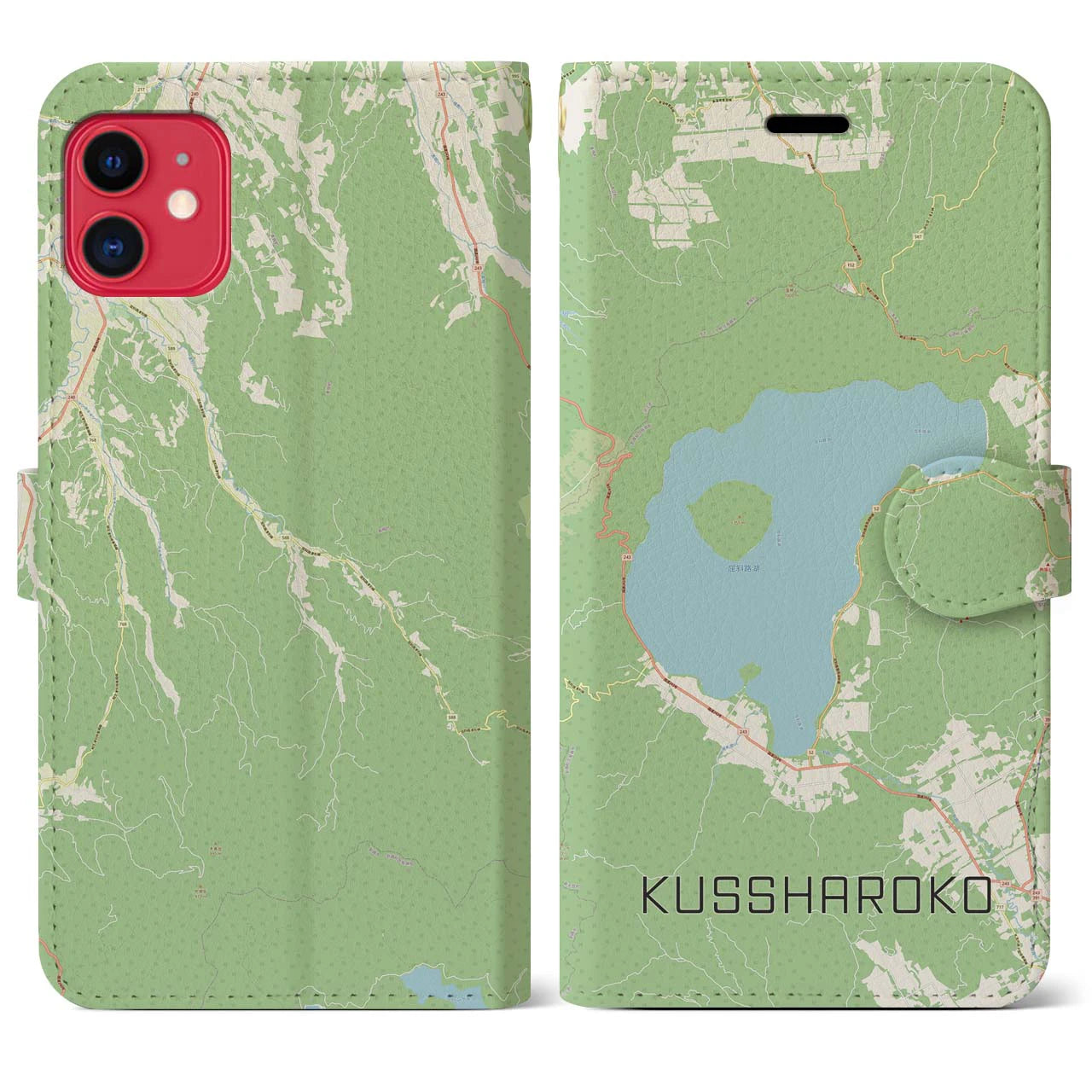 【屈斜路湖(北海道)】地図柄iPhoneケース(手帳タイプ)ナチュラル・iPhone 11 用