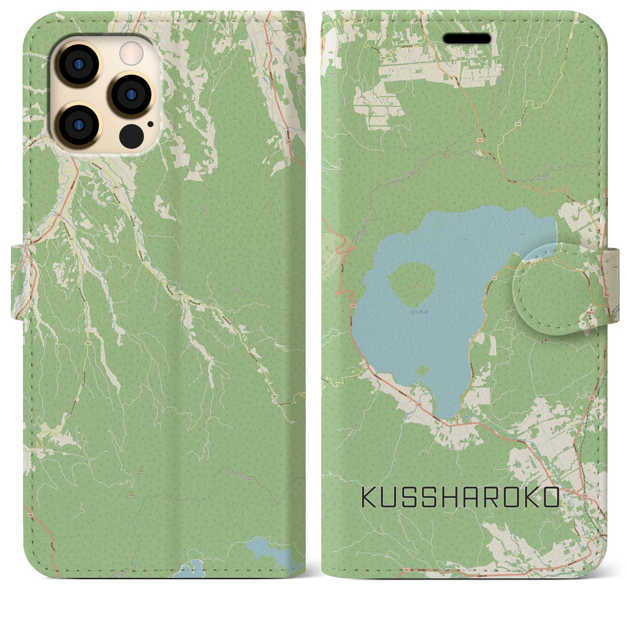 【屈斜路湖(北海道)】地図柄iPhoneケース(手帳タイプ)ナチュラル・iPhone 12 Pro Max 用