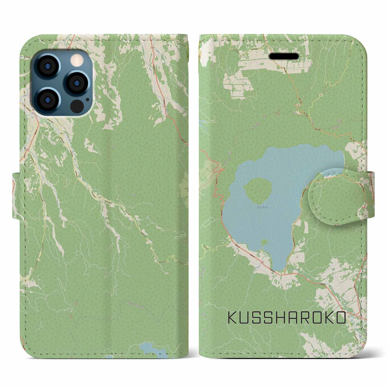 【屈斜路湖(北海道)】地図柄iPhoneケース(手帳タイプ)ナチュラル・iPhone 12 / 12 Pro 用