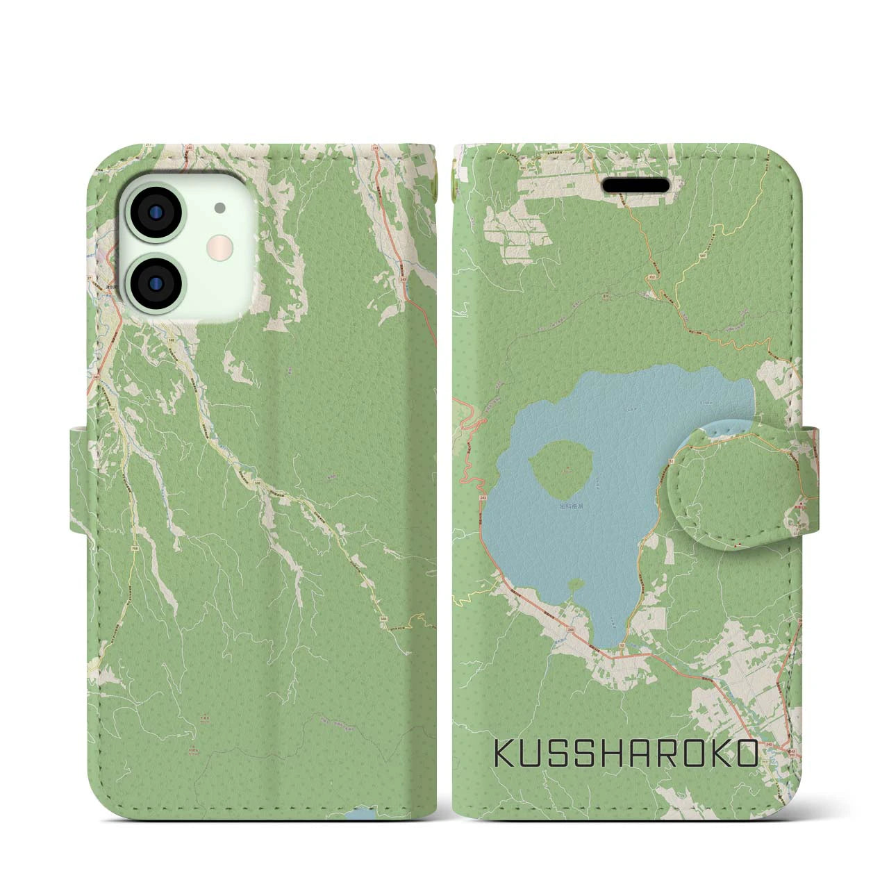 【屈斜路湖(北海道)】地図柄iPhoneケース(手帳タイプ)ナチュラル・iPhone 12 mini 用