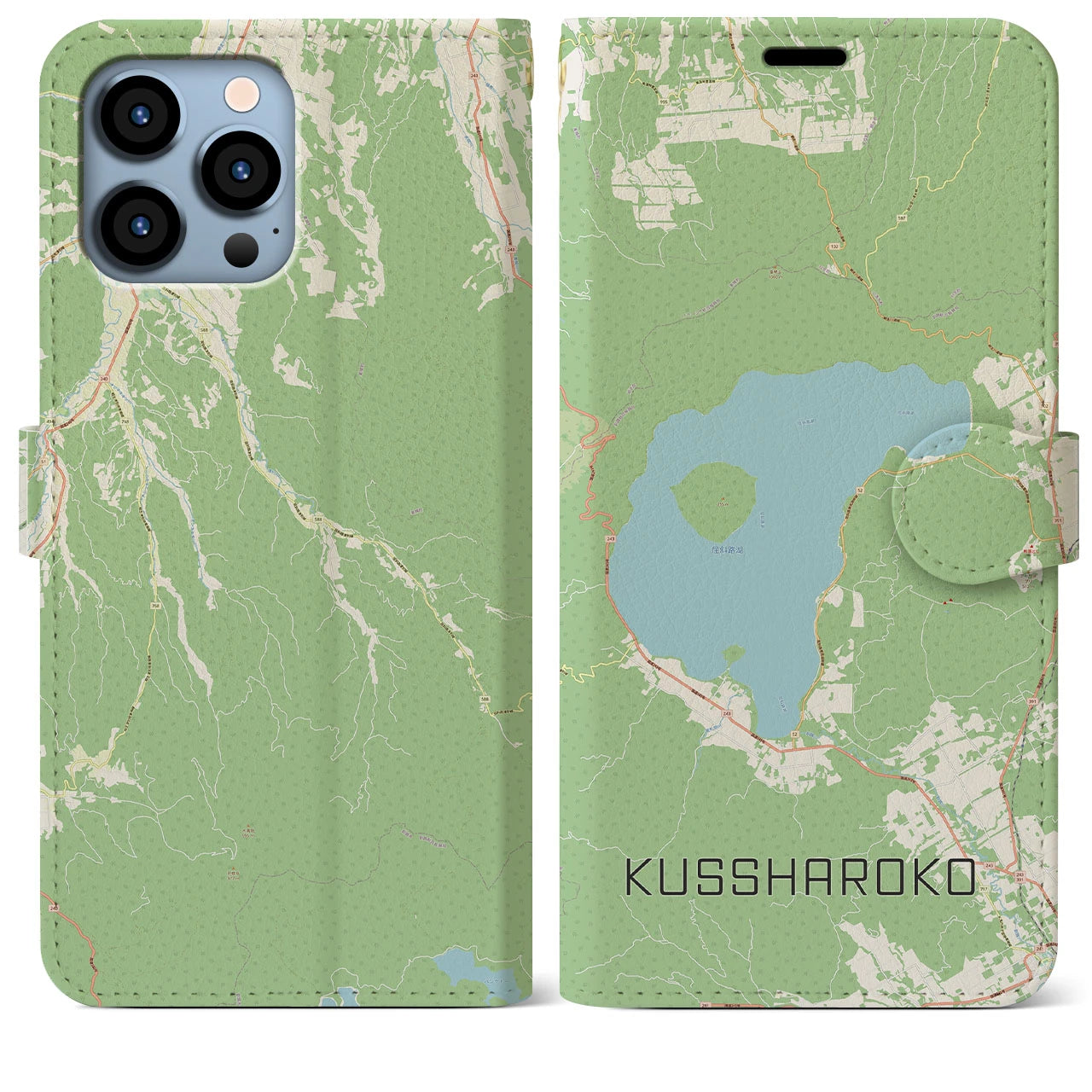 【屈斜路湖(北海道)】地図柄iPhoneケース(手帳タイプ)ナチュラル・iPhone 13 Pro Max 用