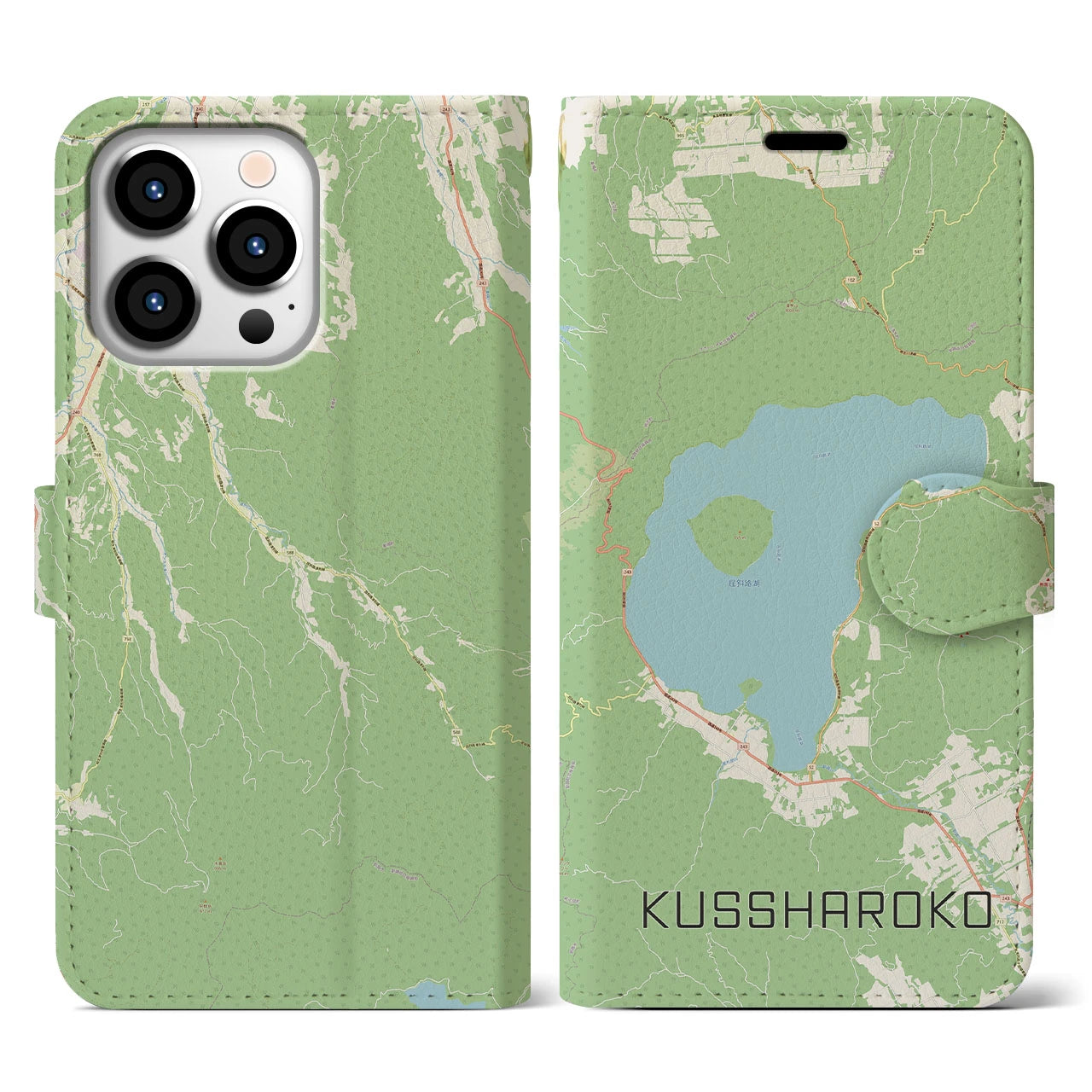 【屈斜路湖(北海道)】地図柄iPhoneケース(手帳タイプ)ナチュラル・iPhone 13 Pro 用