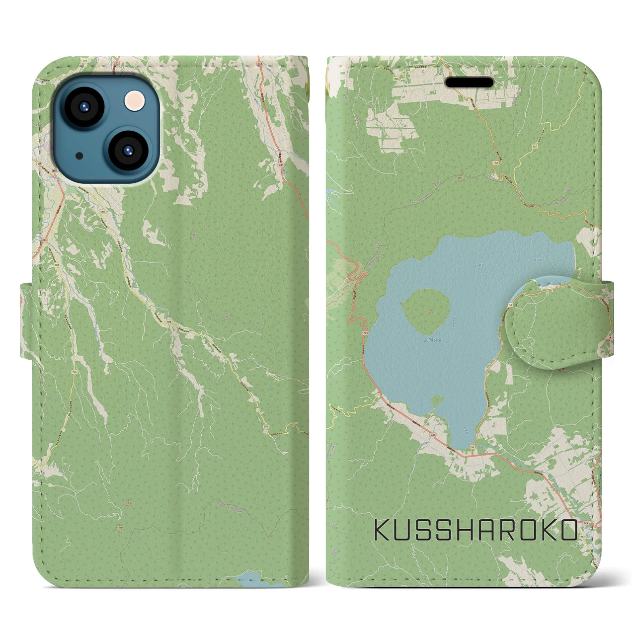 【屈斜路湖(北海道)】地図柄iPhoneケース(手帳タイプ)ナチュラル・iPhone 13 用