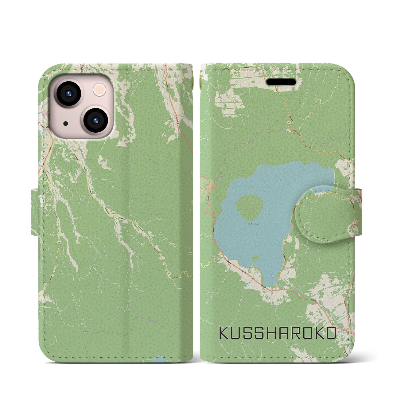 【屈斜路湖(北海道)】地図柄iPhoneケース(手帳タイプ)ナチュラル・iPhone 13 mini 用