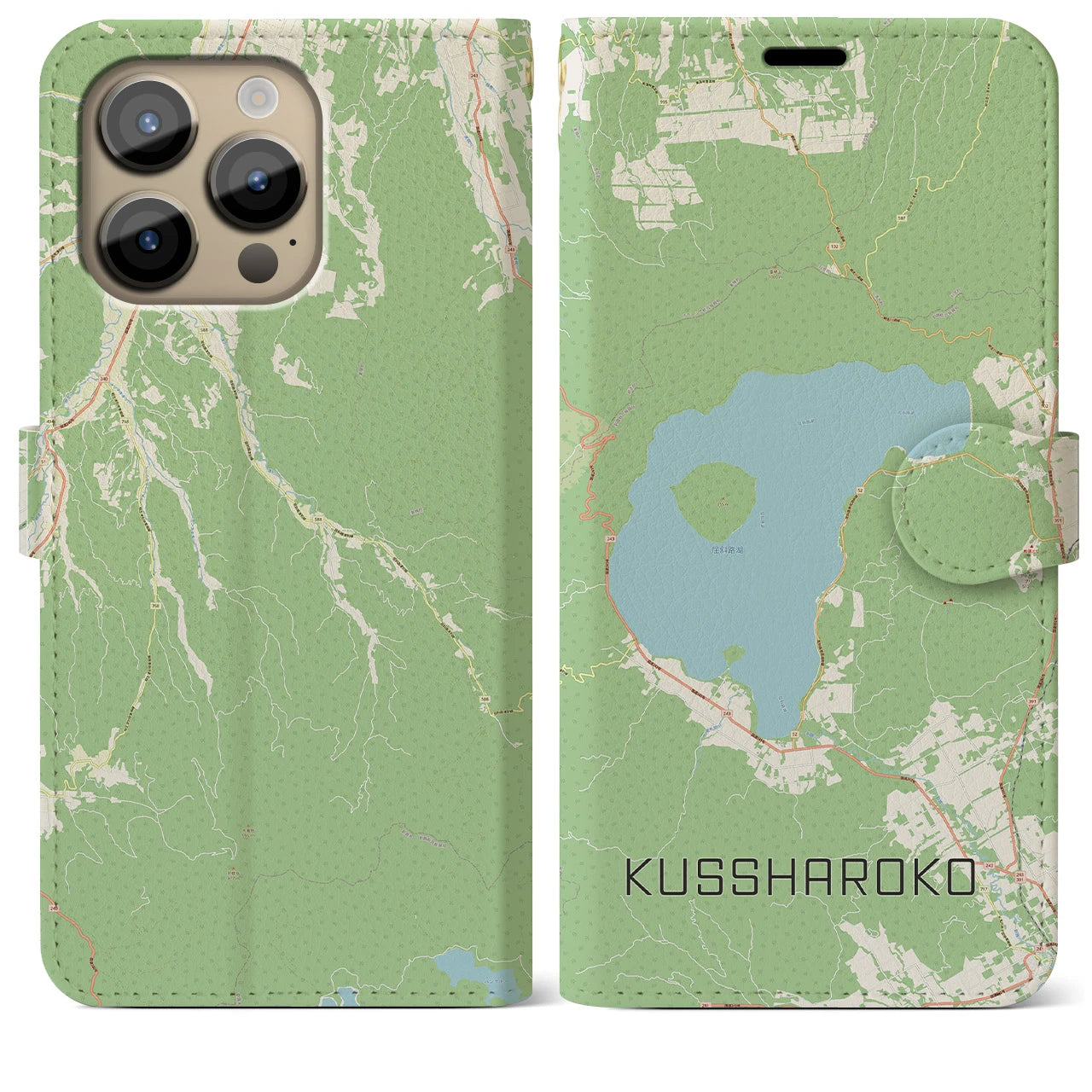 【屈斜路湖(北海道)】地図柄iPhoneケース(手帳タイプ)ナチュラル・iPhone 14 Pro Max 用