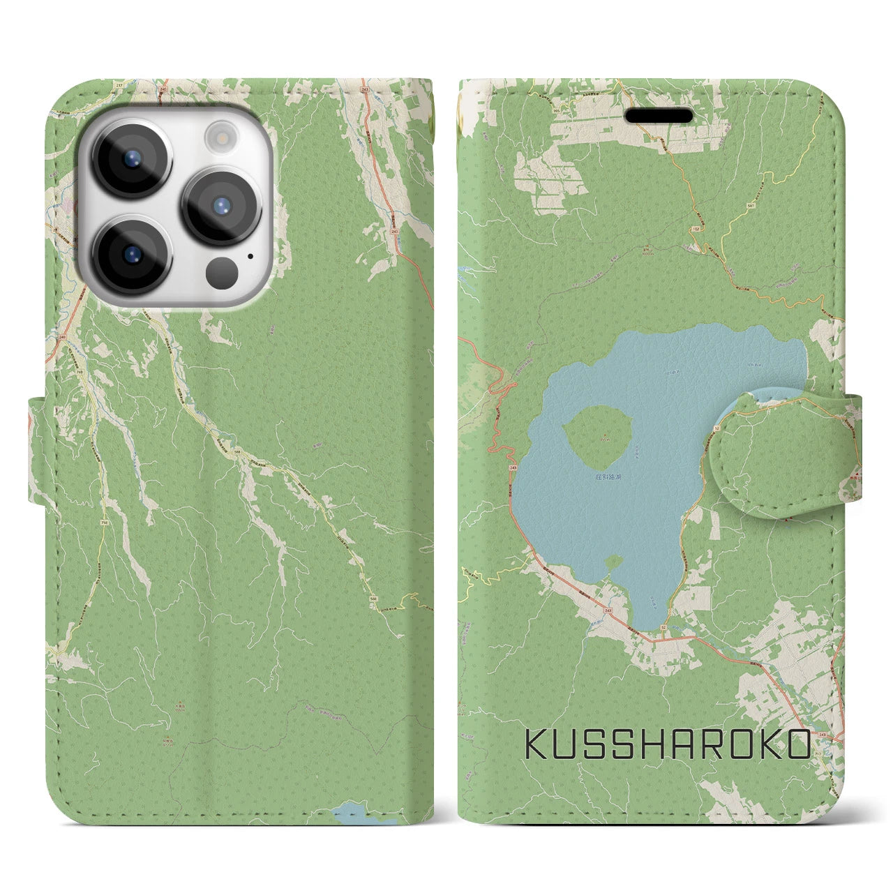 【屈斜路湖(北海道)】地図柄iPhoneケース(手帳タイプ)ナチュラル・iPhone 14 Pro 用