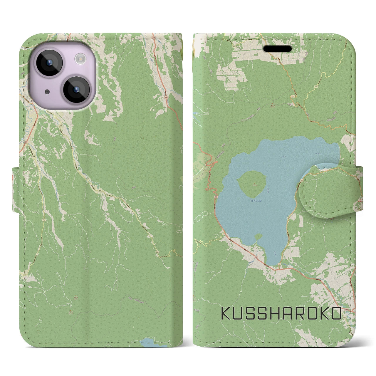 【屈斜路湖(北海道)】地図柄iPhoneケース(手帳タイプ)ナチュラル・iPhone 14 用