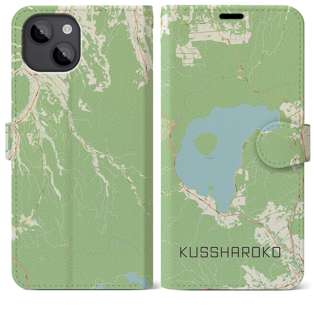 【屈斜路湖(北海道)】地図柄iPhoneケース(手帳タイプ)ナチュラル・iPhone 14 Plus 用