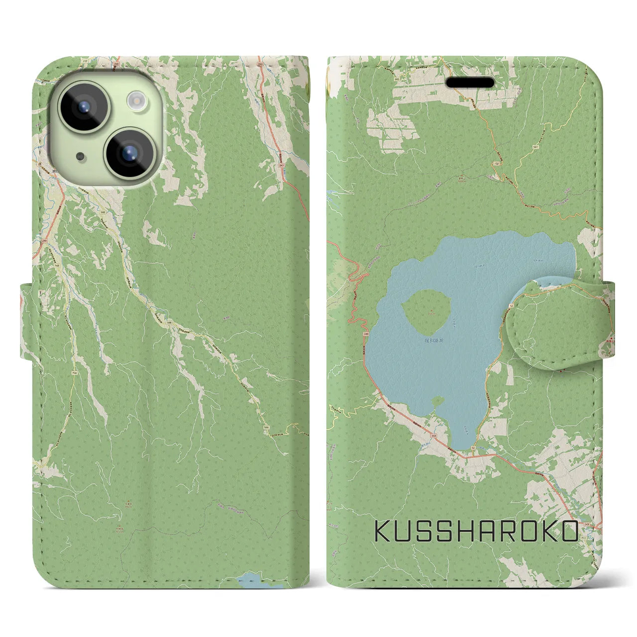 【屈斜路湖(北海道)】地図柄iPhoneケース(手帳タイプ)ナチュラル・iPhone 15 用
