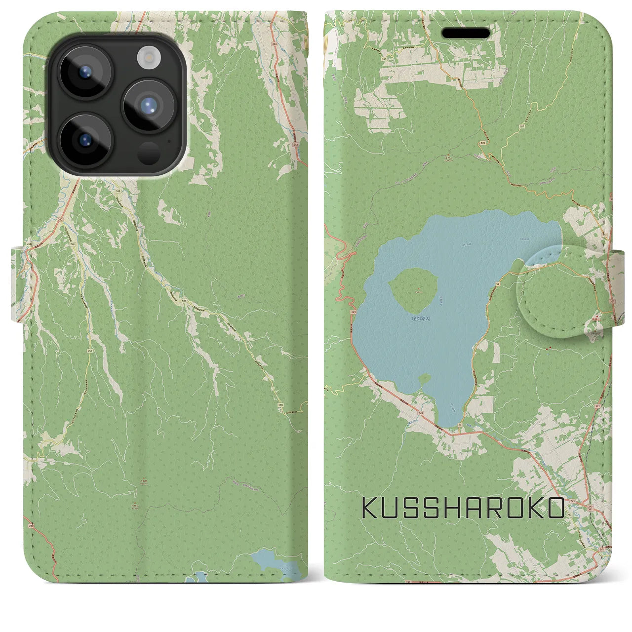 【屈斜路湖(北海道)】地図柄iPhoneケース(手帳タイプ)ナチュラル・iPhone 15 Pro Max 用