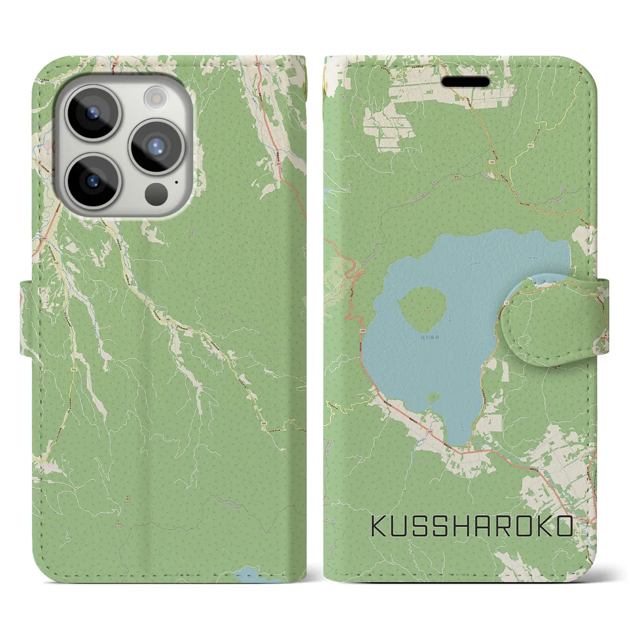 【屈斜路湖(北海道)】地図柄iPhoneケース(手帳タイプ)ナチュラル・iPhone 15 Pro 用