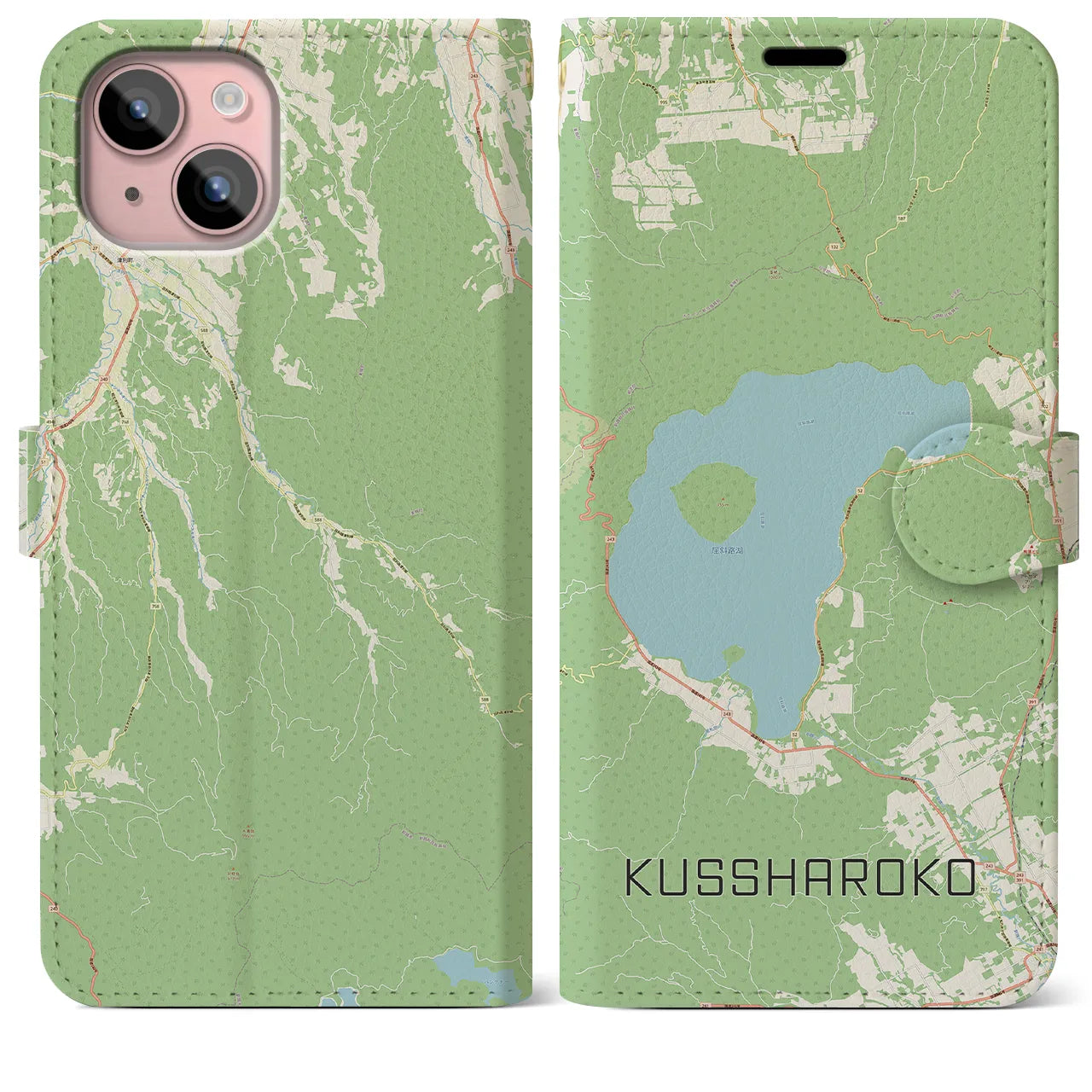 【屈斜路湖(北海道)】地図柄iPhoneケース(手帳タイプ)ナチュラル・iPhone 15 Plus 用