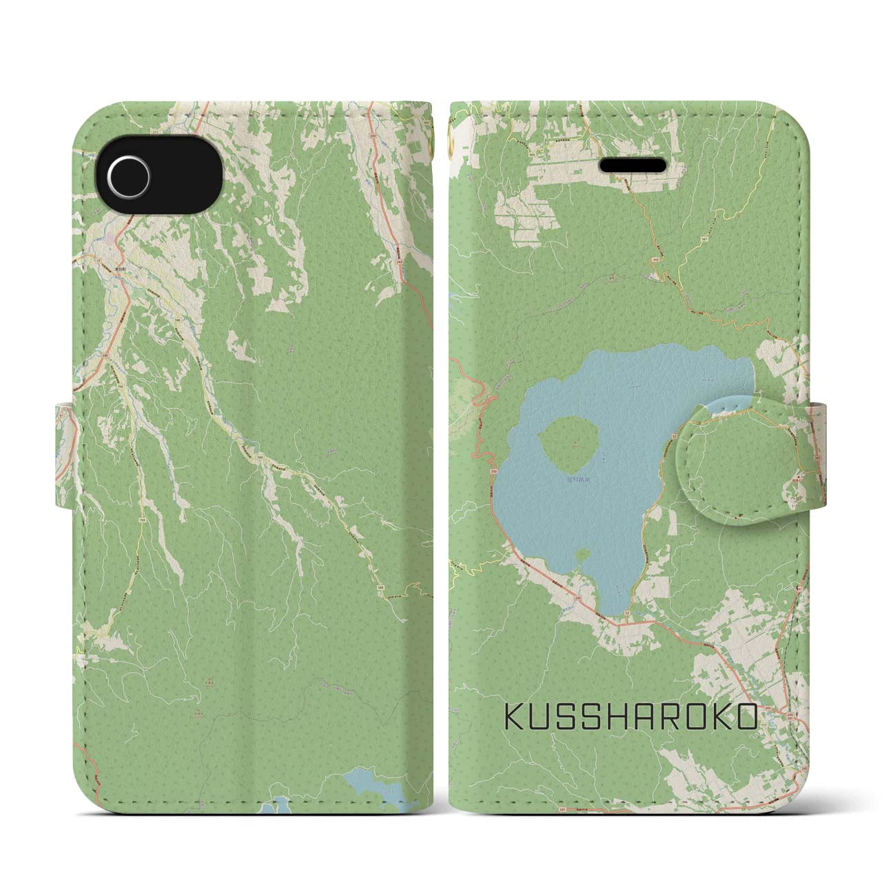 【屈斜路湖(北海道)】地図柄iPhoneケース(手帳タイプ)ナチュラル・iPhone SE(第3 / 第2世代) / 8 / 7 / 6s / 6 用