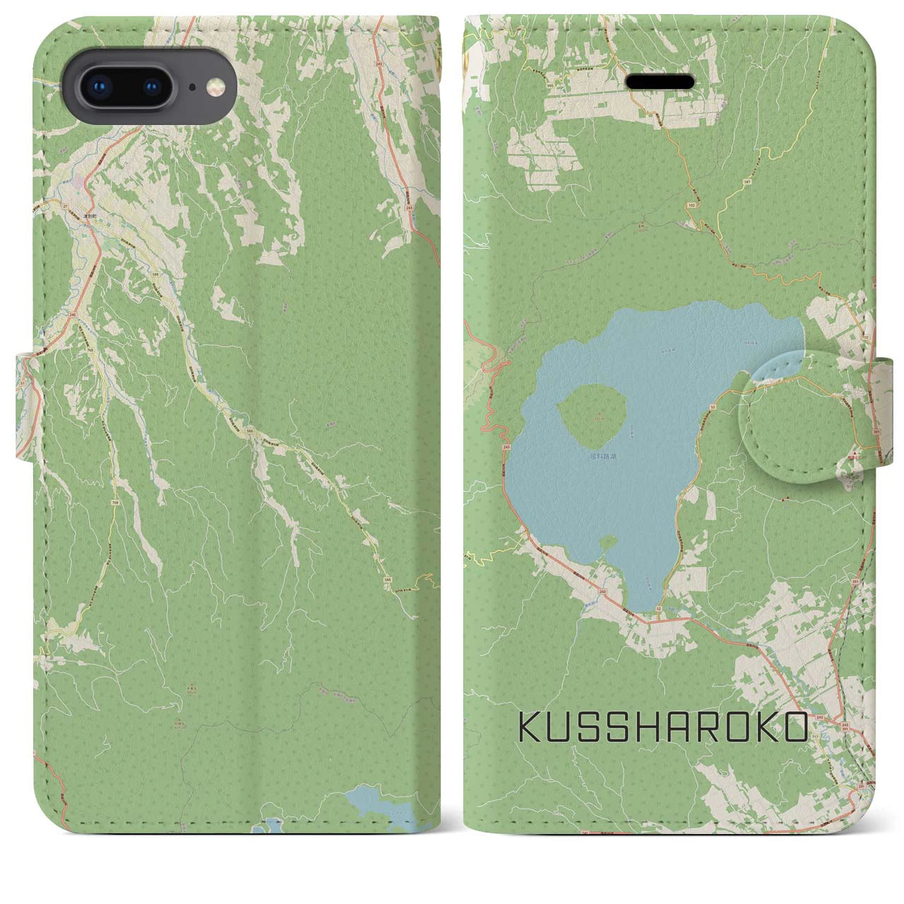 【屈斜路湖(北海道)】地図柄iPhoneケース(手帳タイプ)ナチュラル・iPhone 8Plus /7Plus / 6sPlus / 6Plus 用