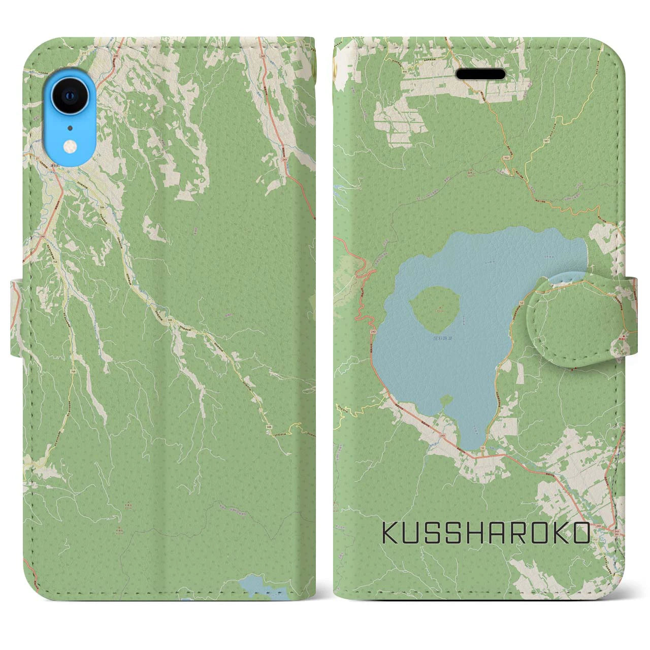 【屈斜路湖(北海道)】地図柄iPhoneケース(手帳タイプ)ナチュラル・iPhone XR 用