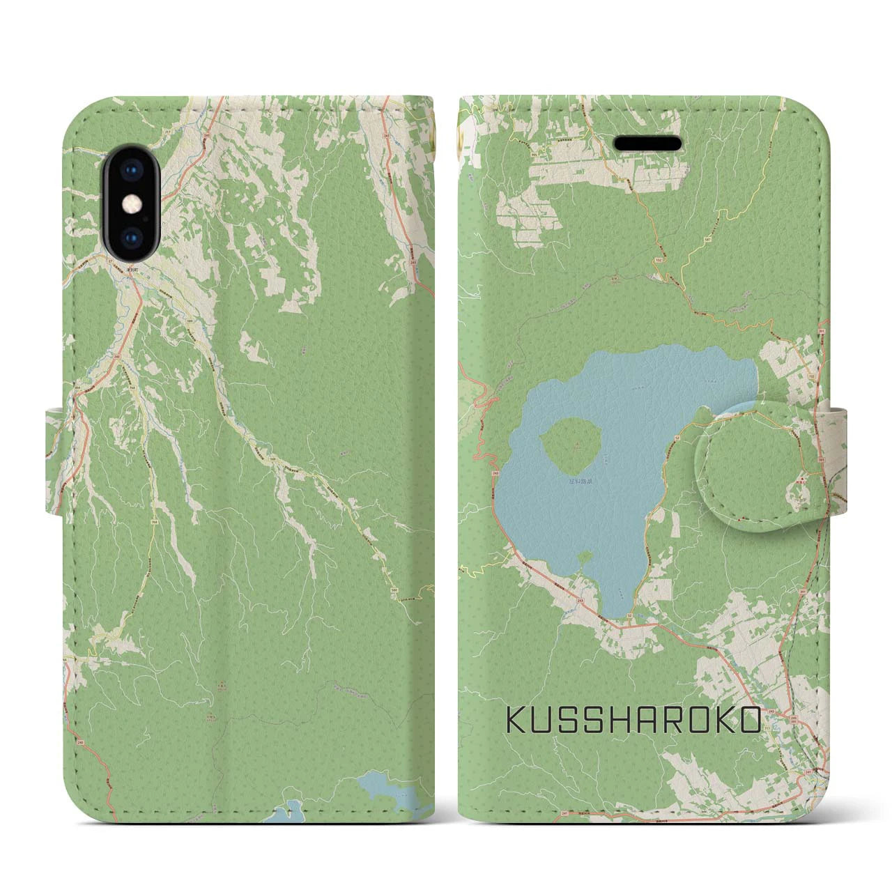 【屈斜路湖(北海道)】地図柄iPhoneケース(手帳タイプ)ナチュラル・iPhone XS / X 用