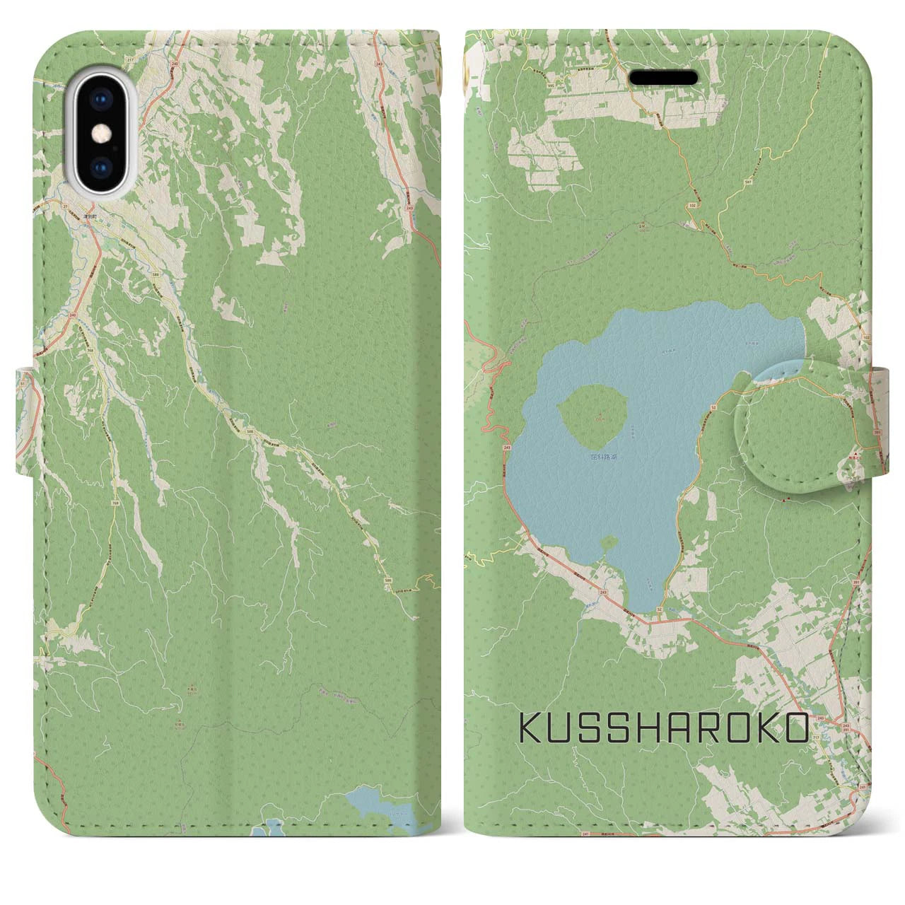 【屈斜路湖(北海道)】地図柄iPhoneケース(手帳タイプ)ナチュラル・iPhone XS Max 用