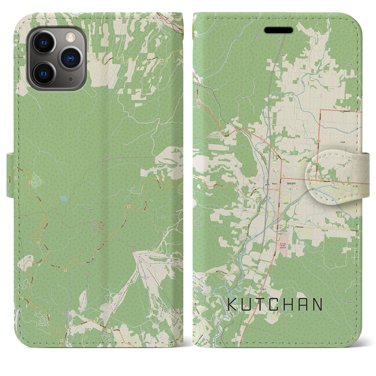 【倶知安(北海道)】地図柄iPhoneケース(手帳タイプ)ナチュラル・iPhone 11 Pro Max 用