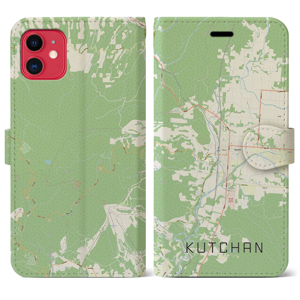 【倶知安(北海道)】地図柄iPhoneケース(手帳タイプ)ナチュラル・iPhone 11 用