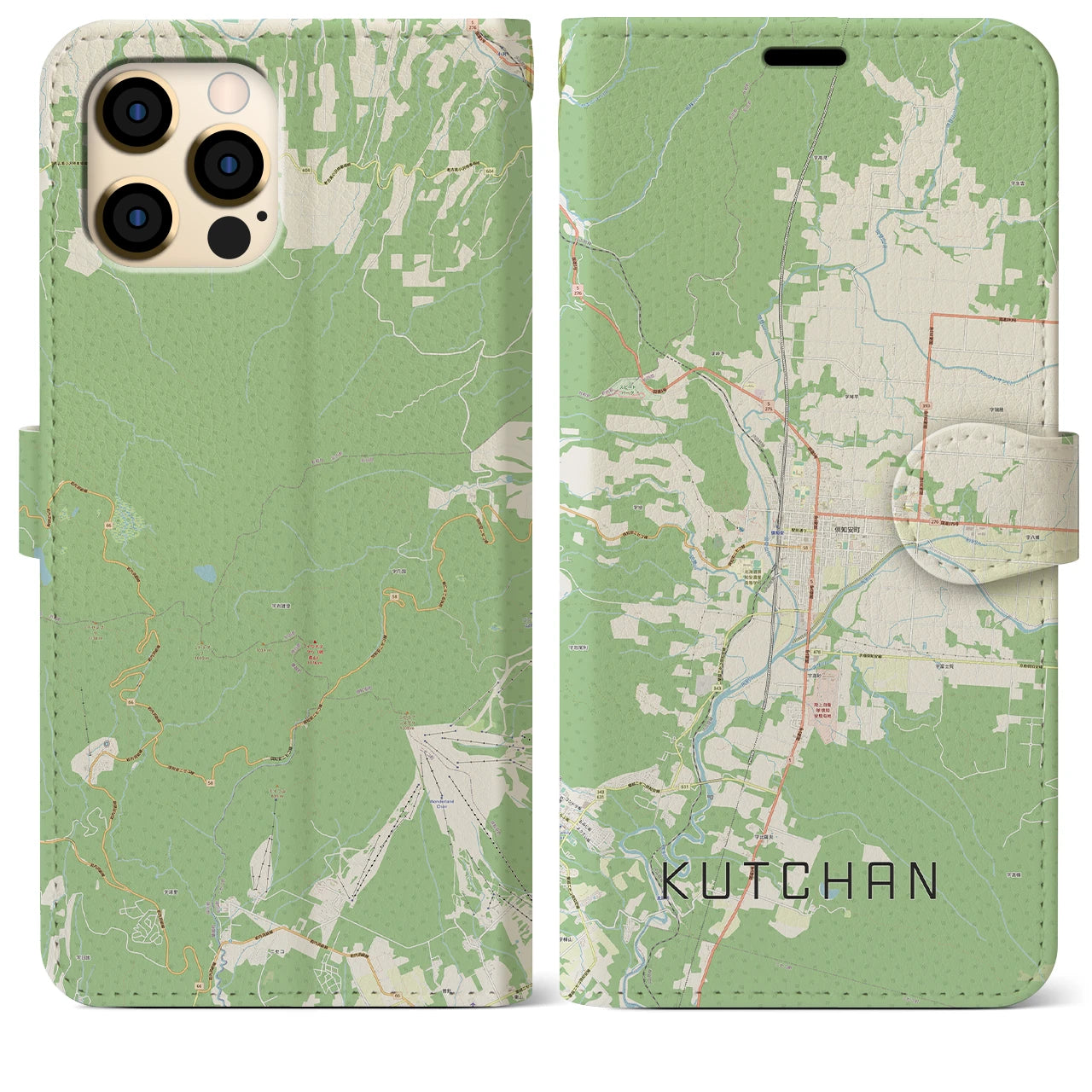【倶知安(北海道)】地図柄iPhoneケース(手帳タイプ)ナチュラル・iPhone 12 Pro Max 用