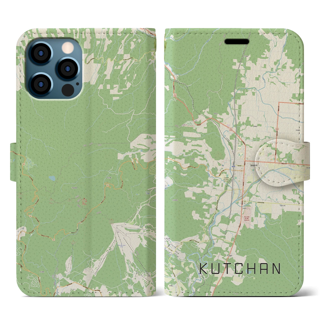 【倶知安(北海道)】地図柄iPhoneケース(手帳タイプ)ナチュラル・iPhone 12 / 12 Pro 用