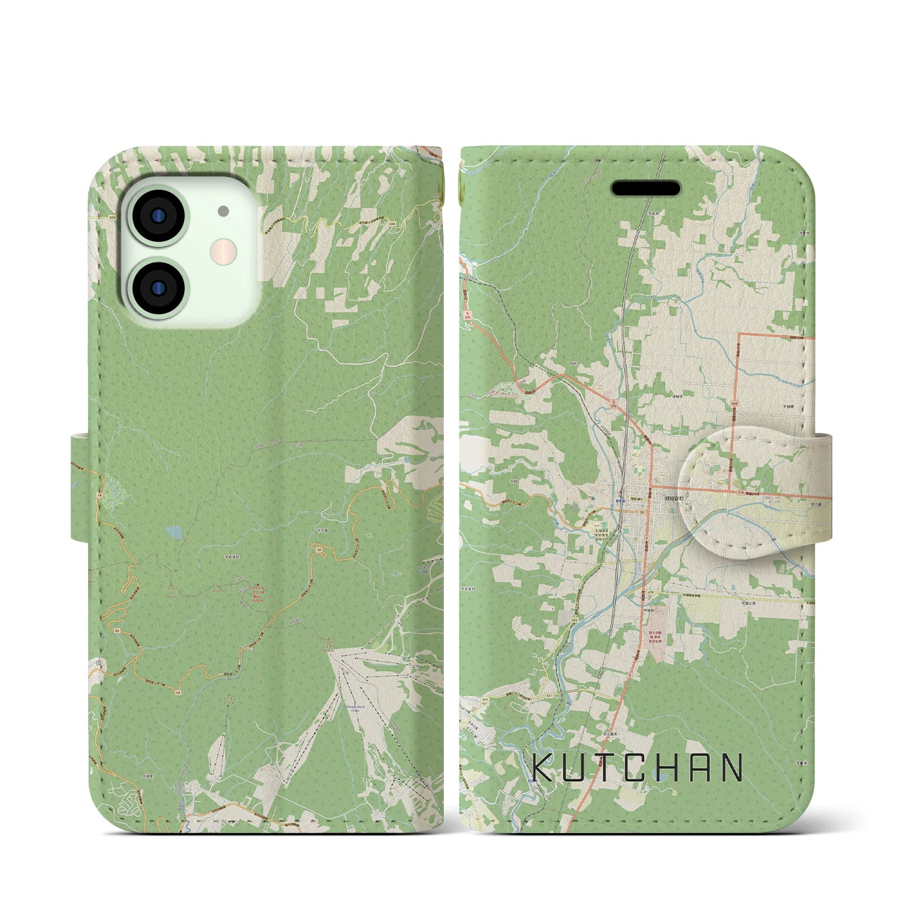 【倶知安(北海道)】地図柄iPhoneケース(手帳タイプ)ナチュラル・iPhone 12 mini 用
