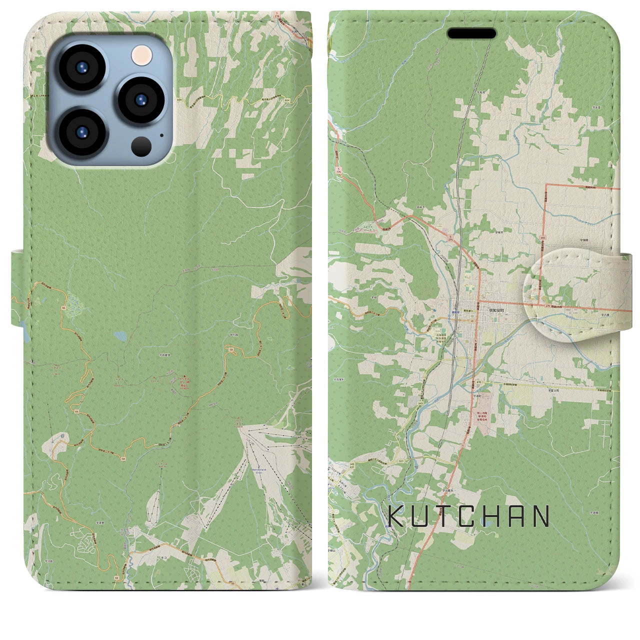 【倶知安(北海道)】地図柄iPhoneケース(手帳タイプ)ナチュラル・iPhone 13 Pro Max 用