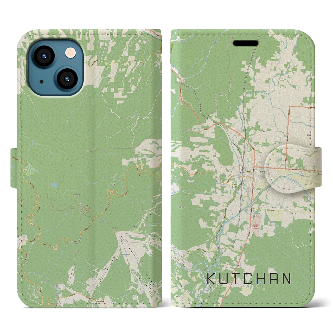 【倶知安(北海道)】地図柄iPhoneケース(手帳タイプ)ナチュラル・iPhone 13 用