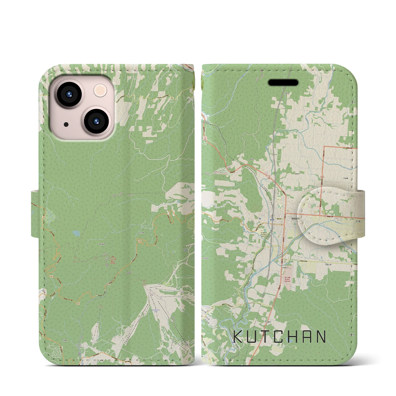 【倶知安(北海道)】地図柄iPhoneケース(手帳タイプ)ナチュラル・iPhone 13 mini 用