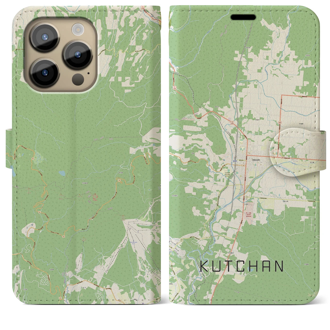 【倶知安(北海道)】地図柄iPhoneケース(手帳タイプ)ナチュラル・iPhone 14 Pro Max 用