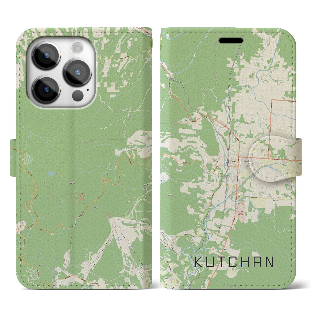 【倶知安(北海道)】地図柄iPhoneケース(手帳タイプ)ナチュラル・iPhone 14 Pro 用