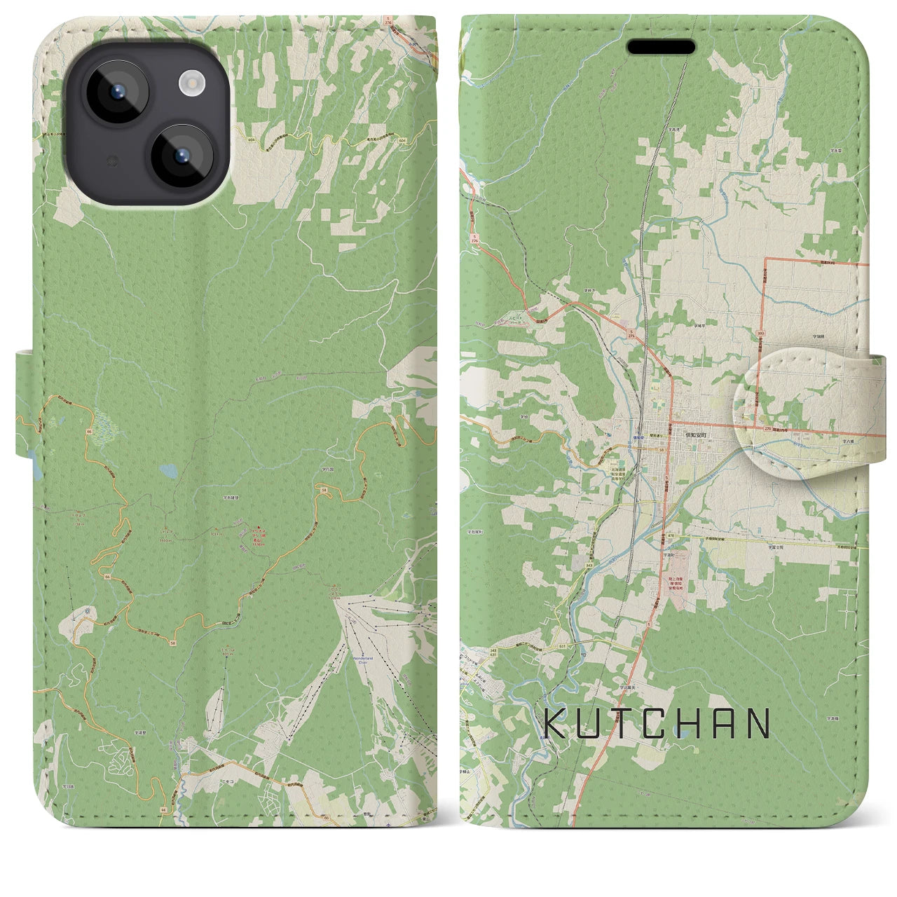 【倶知安(北海道)】地図柄iPhoneケース(手帳タイプ)ナチュラル・iPhone 14 Plus 用