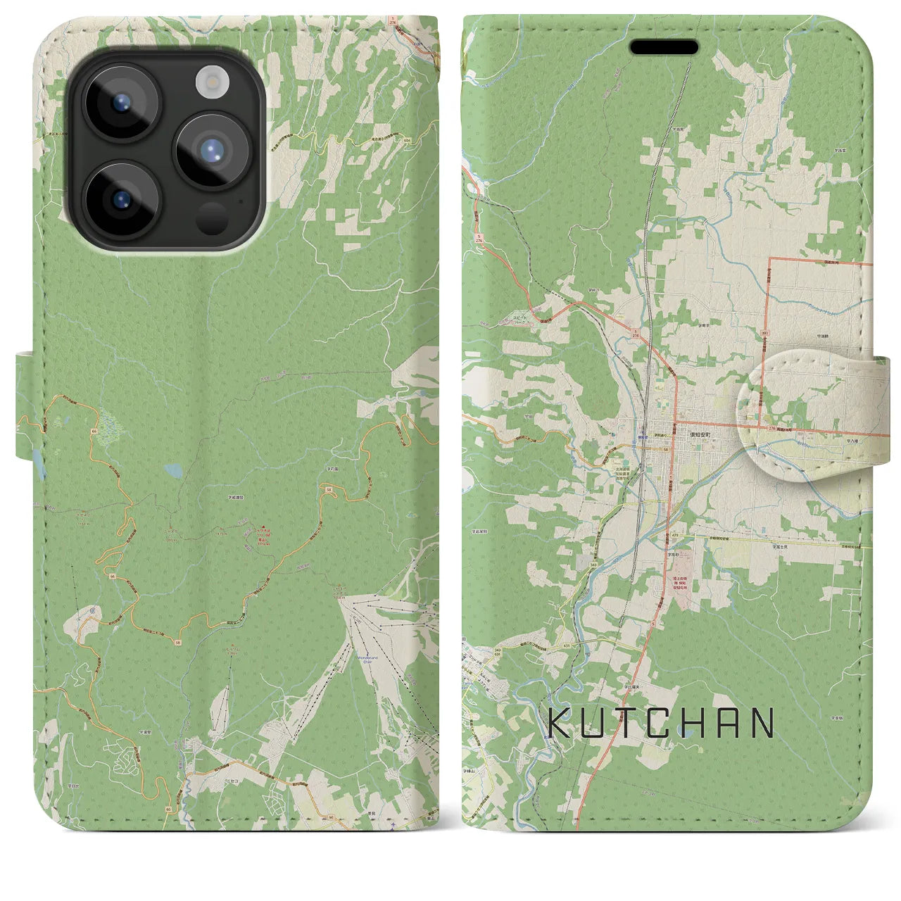 【倶知安(北海道)】地図柄iPhoneケース(手帳タイプ)ナチュラル・iPhone 15 Pro Max 用