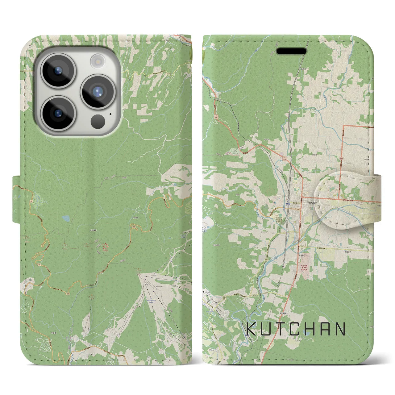 【倶知安(北海道)】地図柄iPhoneケース(手帳タイプ)ナチュラル・iPhone 15 Pro 用