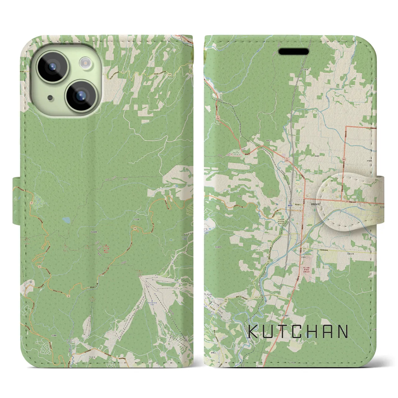 【倶知安(北海道)】地図柄iPhoneケース(手帳タイプ)ナチュラル・iPhone 15 用